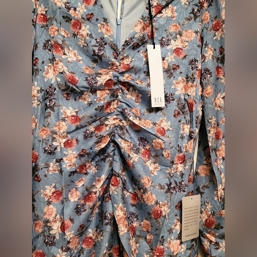 NSR Heidi Dress Floral Blue Sky Ruched Slit Large - Picture 5 of 10